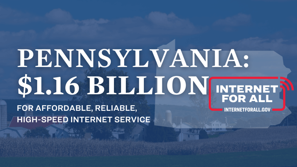 Banner showing that Pennsylvania received $1.16 Billion in federal funding to support affordable, reliable high-speed internet service across the commonwealth